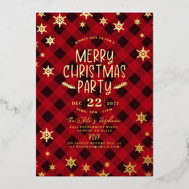 Gold Glittery Snowflake Red Plaid Christmas Party (Front)