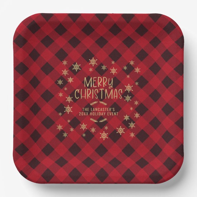 Gold Glittery Snowflake Red Plaid Merry Christmas Paper Plate (Front)