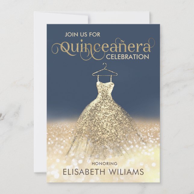 Gold glittery sparkle dress ombre Quinceañera Invi Invitation (Front)