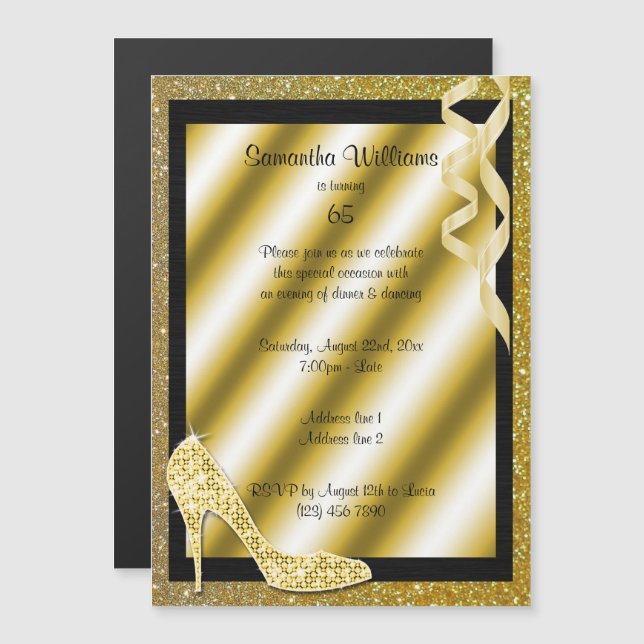 Gold Glittery Stiletto & Streamers 65th Birthday Magnetic Invitation (Front/Back)