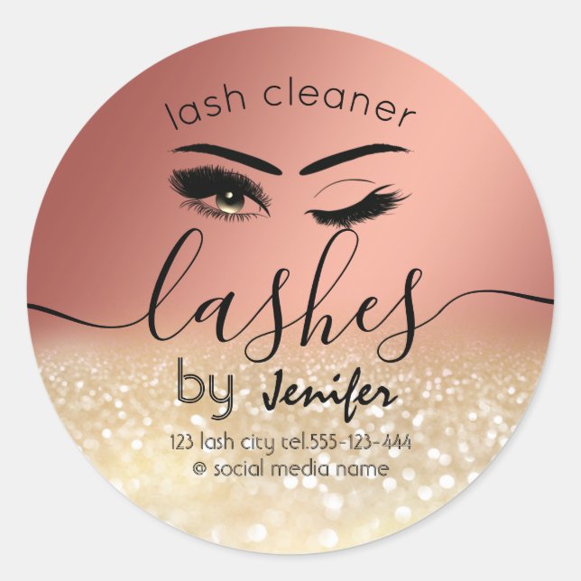 Gold glittery wink lash extension lash cleaner classic round sticker (Front)