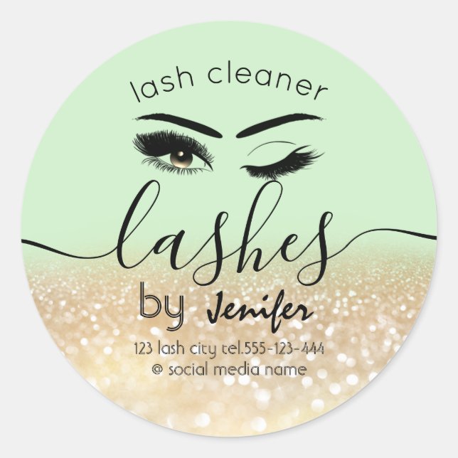 Gold glittery wink lash extension lash cleaner classic round sticker (Front)