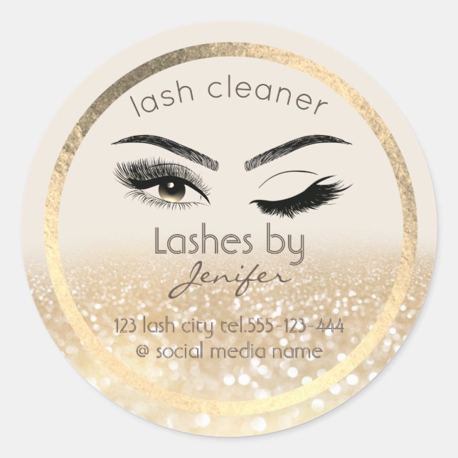 Gold glittery wink lash extension lash cleaner classic round sticker (Front)