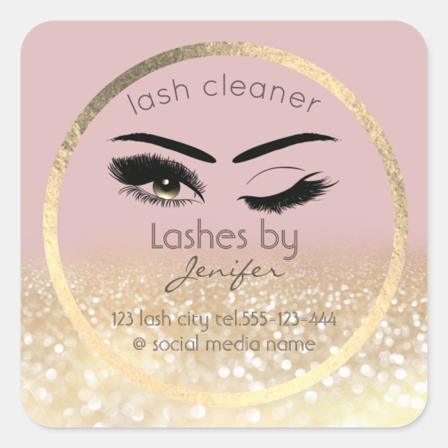 Gold glittery wink lash extension lash cleaner square sticker (Front)