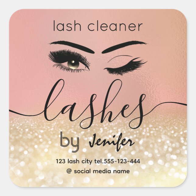 Gold glittery wink lash extension lash  square sticker (Front)