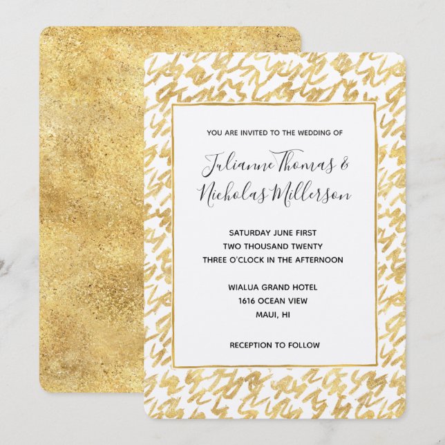 Gold Glitz Abstract Squiggles Wedding Invites (Front/Back)
