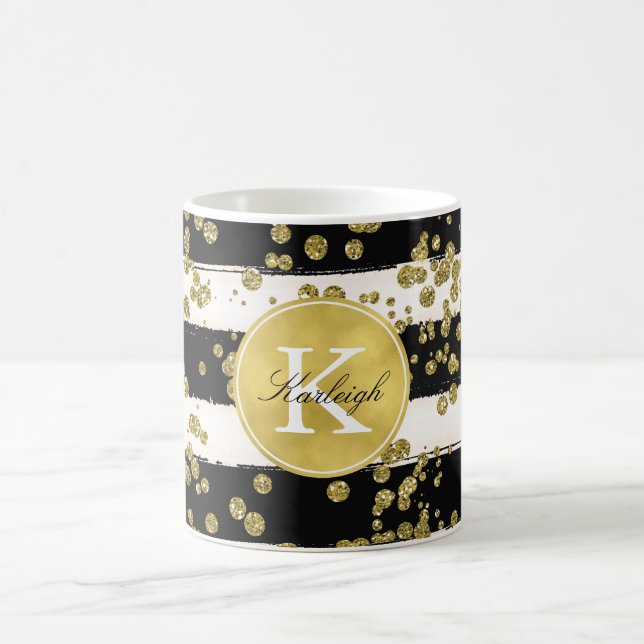 Gold Glitz Confetti Dots Black Stripes Monogram Coffee Mug (Center)