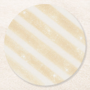 Gold Glitz Cream Stripes Round Paper Coaster