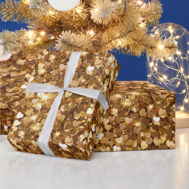 Gold Glitz Glam Sparkle Hearts Wrapping Paper (Holidays)