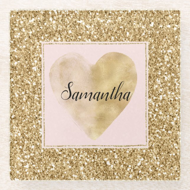 Gold Glitz Glitter Heart Name Glass Coaster (Front)