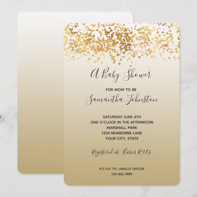 Gold Glitzy Confetti Ombre Baby Shower Invitation (Front/Back)