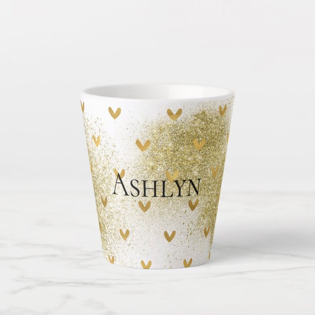 Gold Glitzy Glitter Hearts  Latte Mug (Front)