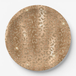 Gold Glitzy Glitter Leopard Print Paper Plate