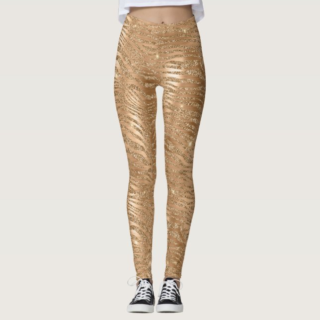 Gold Glitzy Glitter Sparkle Zebra Print  Leggings (Front)