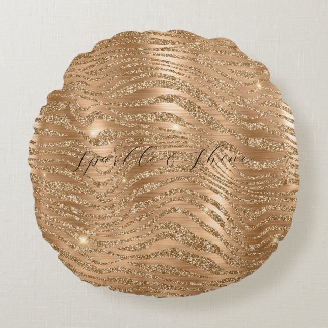 Gold Glitzy Glitter Zebra Print Round Cushion (Front)