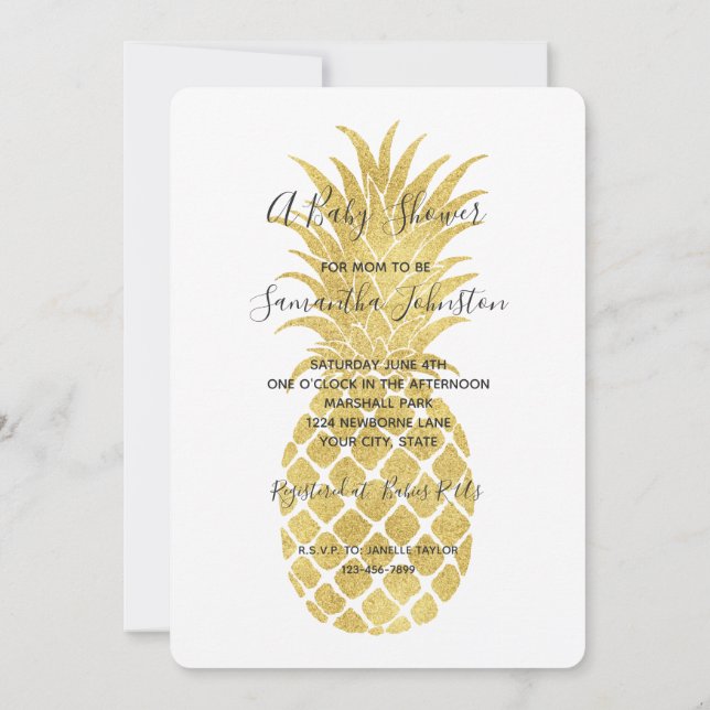 Gold Glitzy Pineapples Baby Shower Invitation (Back)