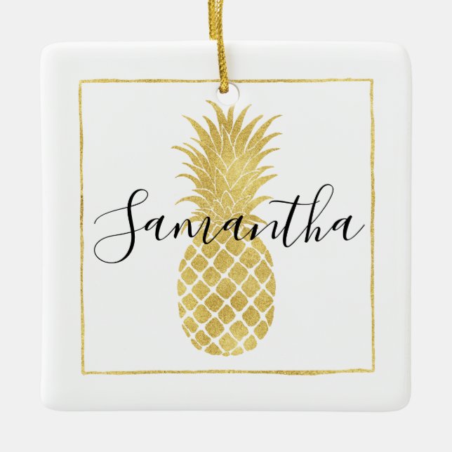 Gold Glitzy Pineapples Ceramic Tree Decoration (Front)