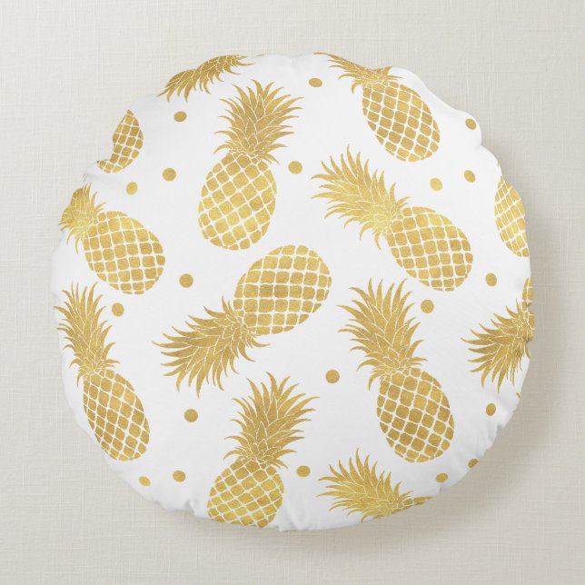 Gold Glitzy Pineapples Round Cushion (Front)
