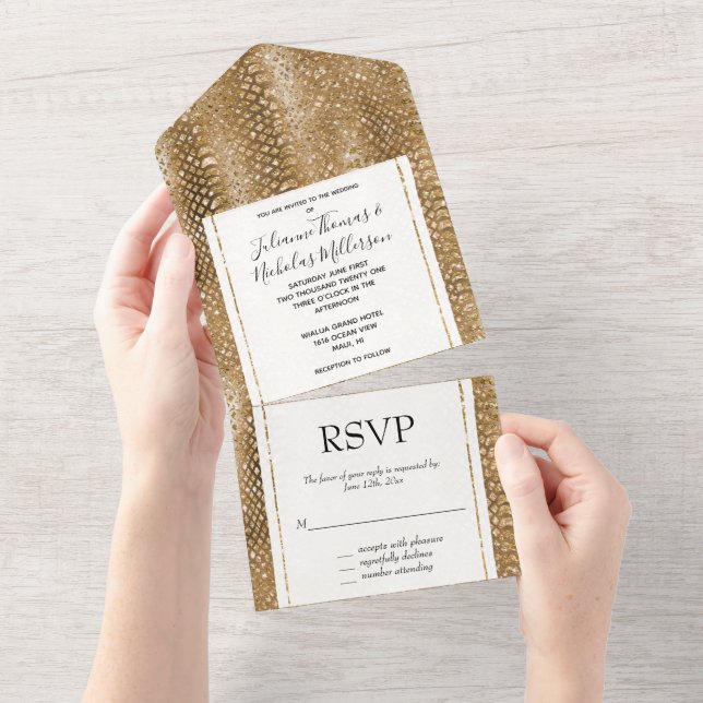 Gold Glitzy Snake Skin Animal Glam All In One Invitation (Tearaway)