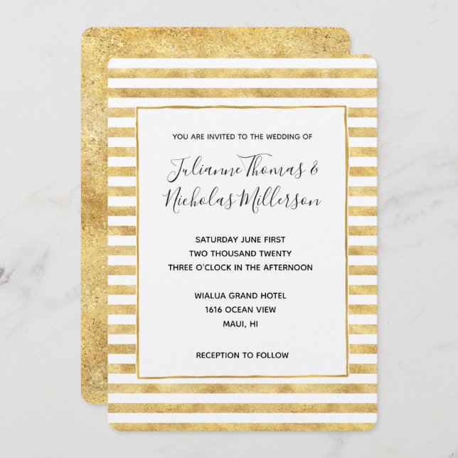 Gold Glitzy Stripes Wedding Invites (Front/Back)