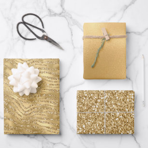 Gold Glitzy Zebra Print Glitter       Wrapping Paper Sheet