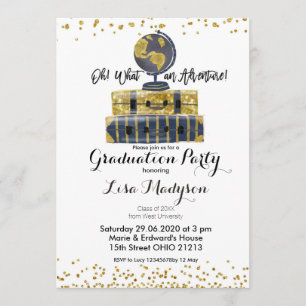 Gold Globe Adventure Graduation Party Invite card
