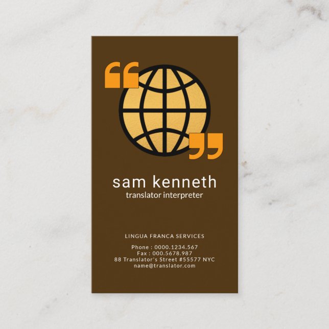 Gold Globe Creative Quotation Marks Translator Business Card (Front)