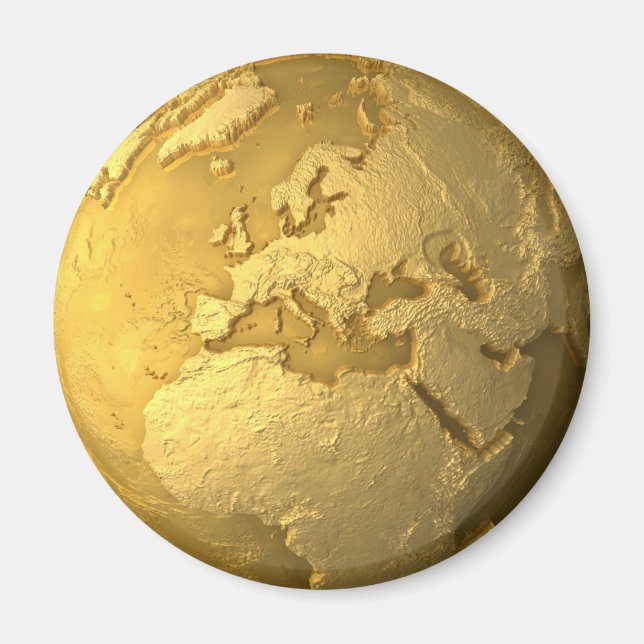 Gold Globe - Metal Earth. Europe, 3d Render Magnet (Front)