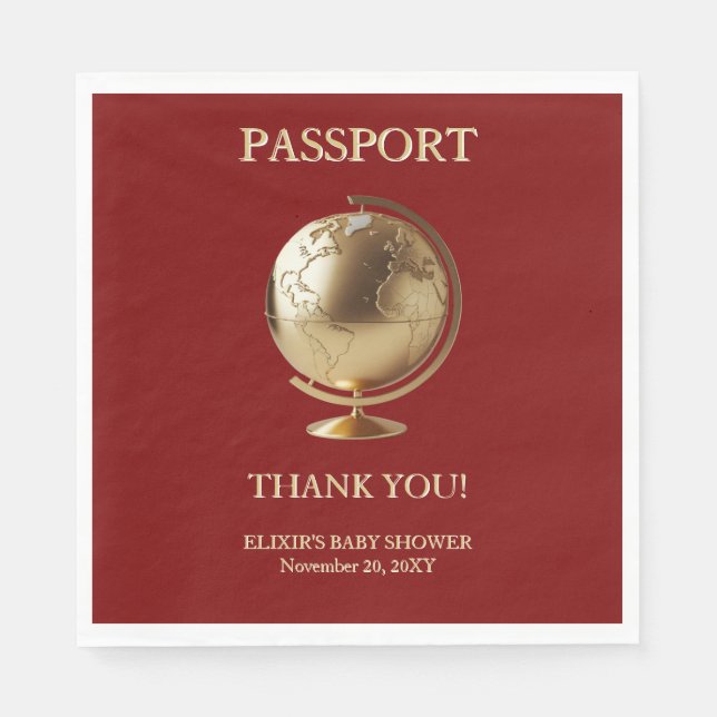 Gold Globe Passport Travel Baby Shower Napkin (Front)
