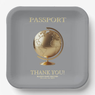 Gold Globe Passport Travel Baby Shower Paper Plate