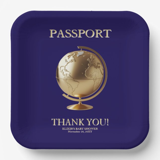 Gold Globe Passport Travel Baby Shower Paper Plate (Front)