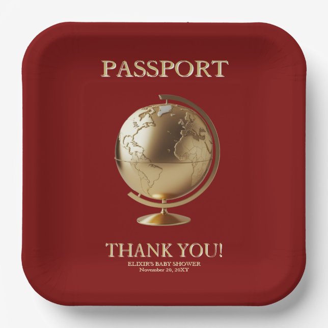Gold Globe Passport Travel Baby Shower Paper Plate (Front)