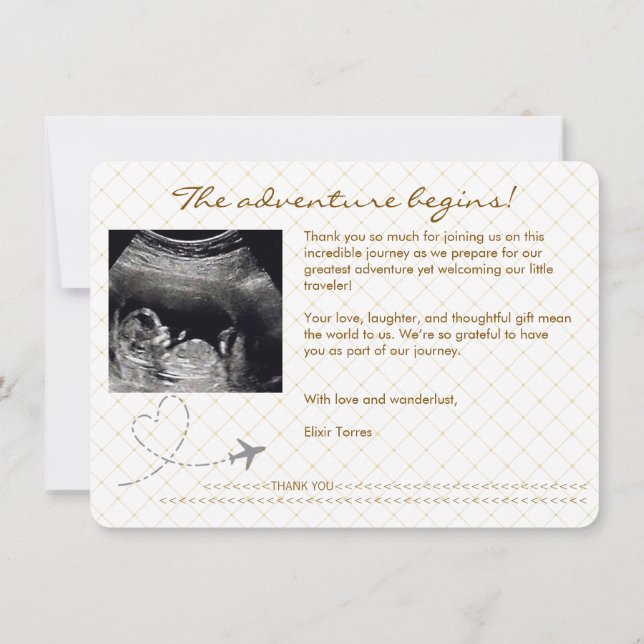 Gold Globe Passport Travel Baby Shower Thank You Card (Back)