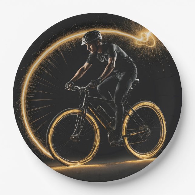 Gold Glow Neon Bike With Light Trails Paper Plate (Front)