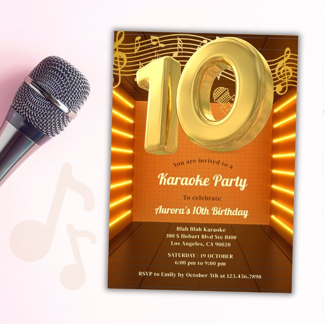 Gold Glow Singing Karaoke 10th Birthday Party Invitation (Creator Uploaded)