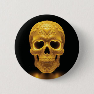 Gold Glow Sugar Skull — Heart Eyes, Black Field 6 Cm Round Badge
