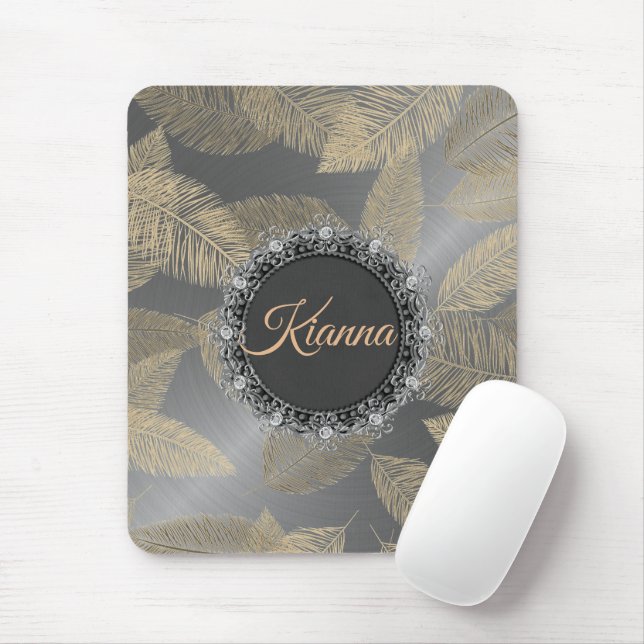Gold Gold Feathers on Sleek Silver Personalised Mouse Pad (With Mouse)