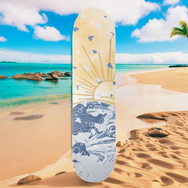 Gold Golden Blue Asiatic Sunset Sun & Sea Waves Skateboard (Creator Uploaded)