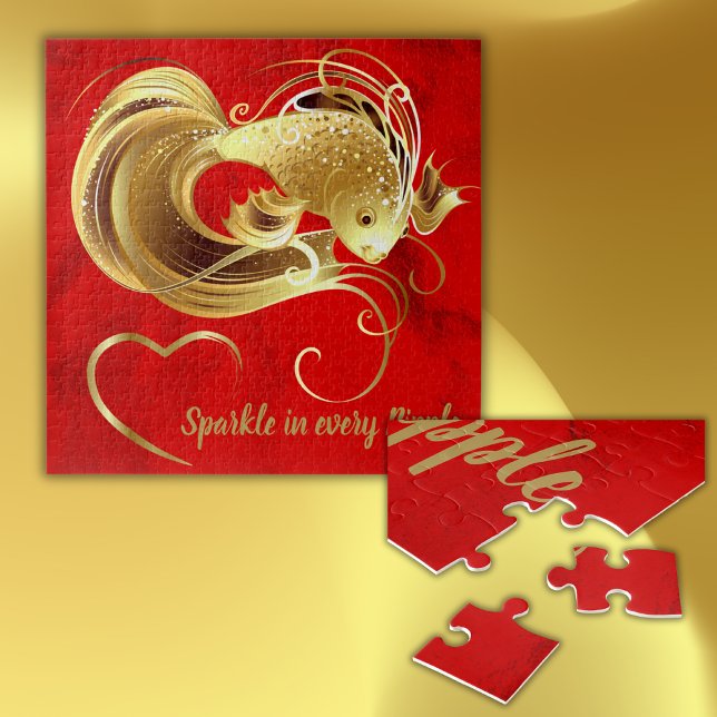 Gold goldfish on red foil monogram | jigsaw puzzle (Creator Uploaded)