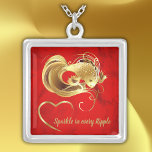 Gold goldfish on red foil monogram | silver plated necklace<br><div class="desc">Red foil background with a gold heart,  text and goldfish for you to personalize to your needs. Sparkle in every ripple!</div>