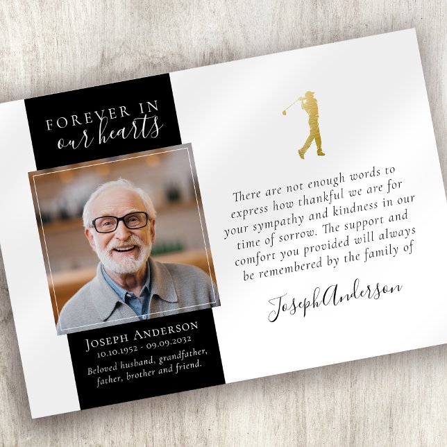 Gold Golfer Photo Sympathy Funeral Thank You Card (Creator Uploaded)