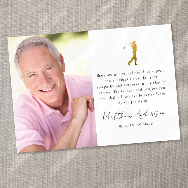 Gold Golfer Photo Sympathy Funeral Thank You Card (Creator Uploaded)