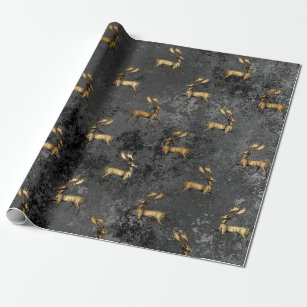Gold Gothic Grunge Christmas Reindeer Pattern Wrapping Paper