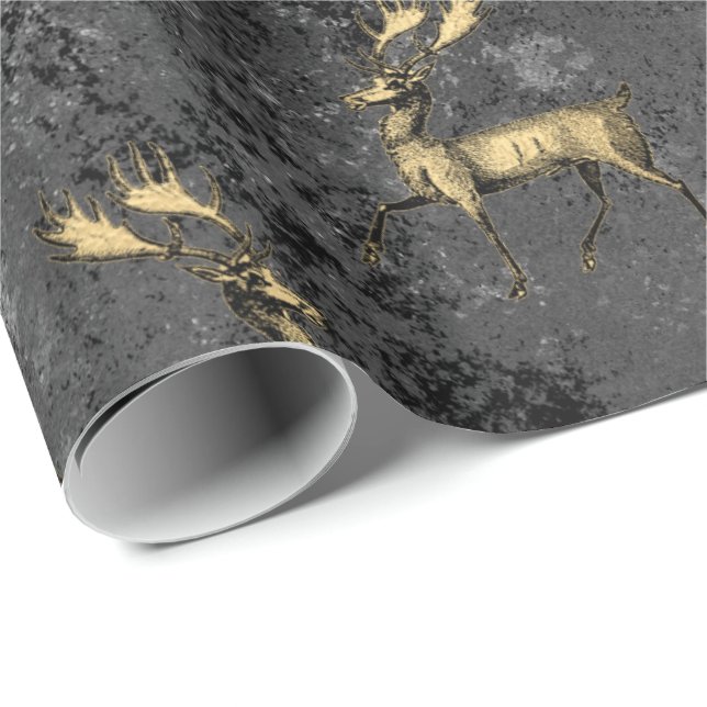 Gold Gothic Grunge Christmas Reindeer Pattern Wrapping Paper (Roll Corner)