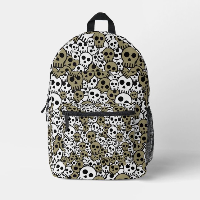 Gold Gothic Skull Pattern Print Printed Backpack (Front)