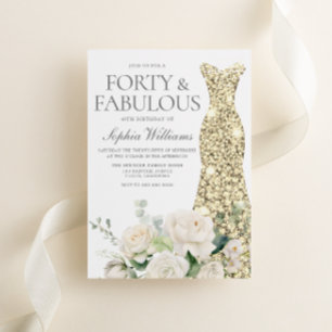 Gold Gown White Flowers Elegant 40th Birthday Invitation