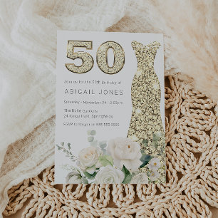 Gold Gown White Flowers Elegant 50th Birthday Invitation