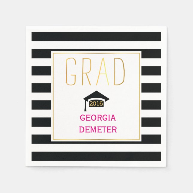 Gold grad black, white stripes hot pink graduation napkin (Front)