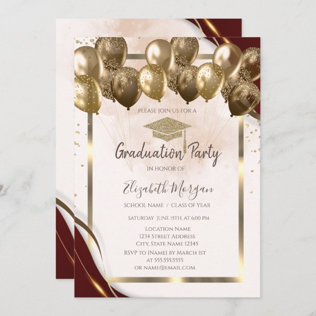 Gold Grad Cap Balloons Burgundy Border Graduation Invitation (Front/Back)