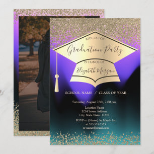 Gold Grad Cap,Diamonds Ombre Photo Graduation Invitation